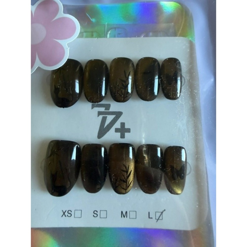 Handmade Press On Nails L Brown Gold Cat Eye Floral Butterfly Design Reusable